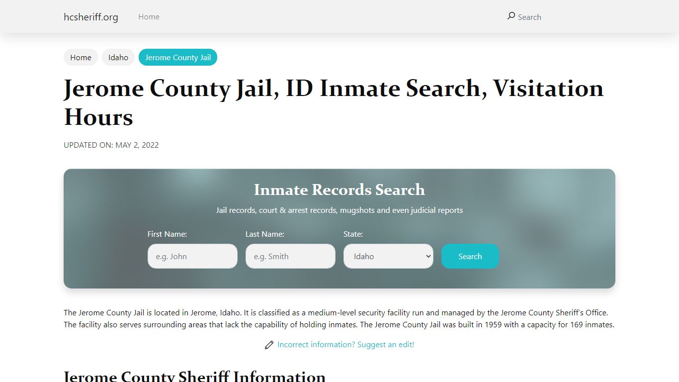 Jerome County Jail, ID Inmate Search, Visitation Hours